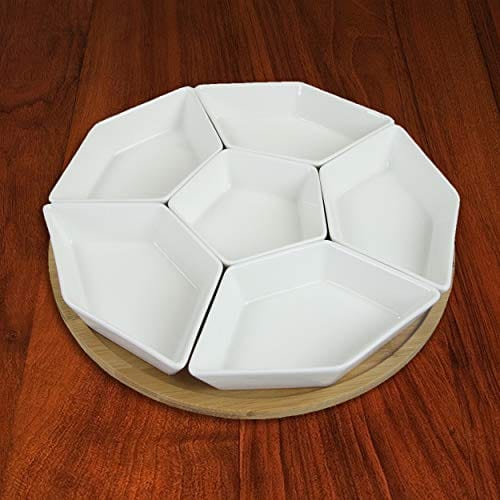 Elama Ceramic Stoneware Condiment Appetizer Set, 7 Piece, Geometric Round in White and Natural Bamboo
