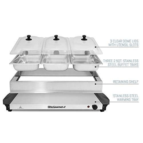 Elite Gourmet EWM-6122 Dual 2 x 2.5 Qt. Trays, Buffet Server, Food Warmer  Temperature Control, Clear Slotted Lids, Perfect for Parties, Entertaining  