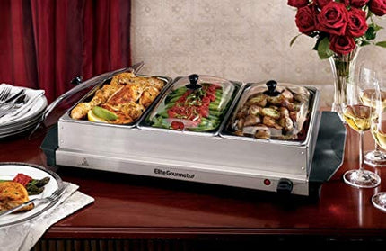 Elite Platinum EWM-6171 7.5 Quart Triple Buffet Server Food Warmer Temperature Control, Clear Slotted Lids, Perfect for Parties, Entertaining & Holidays, 3 x 2.5Qt