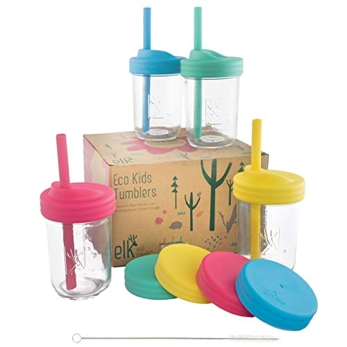 Elk and Friends Kids Cups/Toddler cups with Silicone Straws - Glass Mason  Jars 8 oz with Straws + Straw Lids + Leak Proof Regular Lids