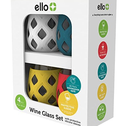 Ello Cru Stemless Glass Wine Set with Protective Silicone Sleeve, Perfect for Gifting, Travel and Entertaining, BPA Free, Dishwasher Safe, Set of 4, Mai Tai, 17oz