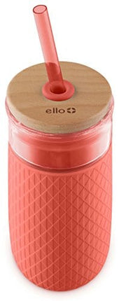 Ello Devon Glass Tumbler with Protective No Sweat Silicone Sleeve and Splash Proof Wooden Detail Lid with Straw, 18 oz