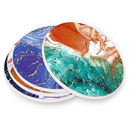 Coasters for Drinks Absorbent - Gilt Ceramic Stone Marble Cup Coaster Sets of 8 Pack Anti Scratch Cork Base with Holder 3.9" for Wooden Coffee Table Bar Housewarming Gifts | Home and Dining Room Decor