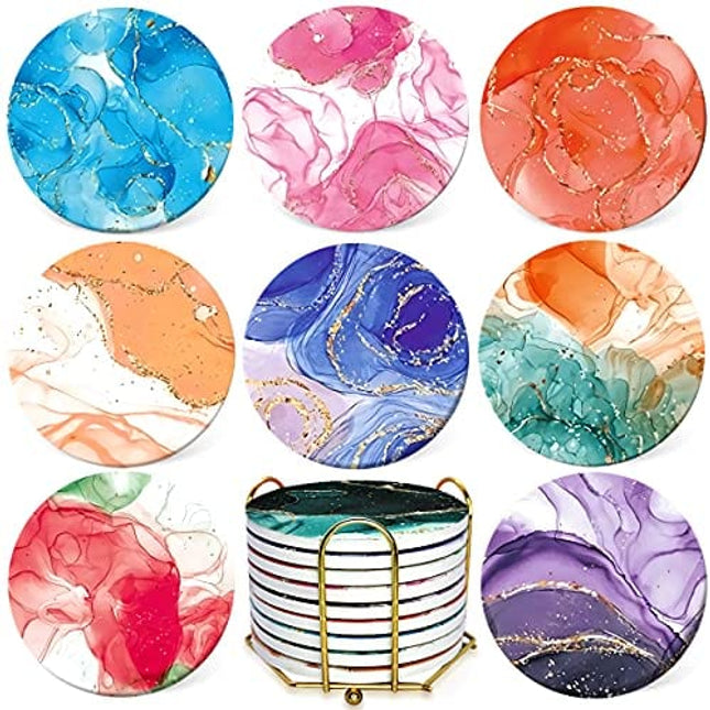Coasters for Drinks Absorbent - Gilt Ceramic Stone Marble Cup Coaster Sets of 8 Pack Anti Scratch Cork Base with Holder 3.9" for Wooden Coffee Table Bar Housewarming Gifts | Home and Dining Room Decor