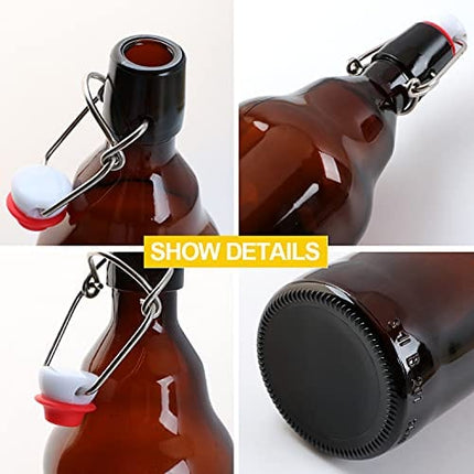 Amber Clear Glass Bottles with Air Tight Lids 32 oz,Easy Cap Bottles for Beer and Home Brewing,Glass Kombucha Bottles with Stoppers,Swing Top Bottles for Beverages 8 Pack