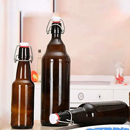 Amber Clear Glass Bottles with Air Tight Lids 32 oz,Easy Cap Bottles for Beer and Home Brewing,Glass Kombucha Bottles with Stoppers,Swing Top Bottles for Beverages 8 Pack