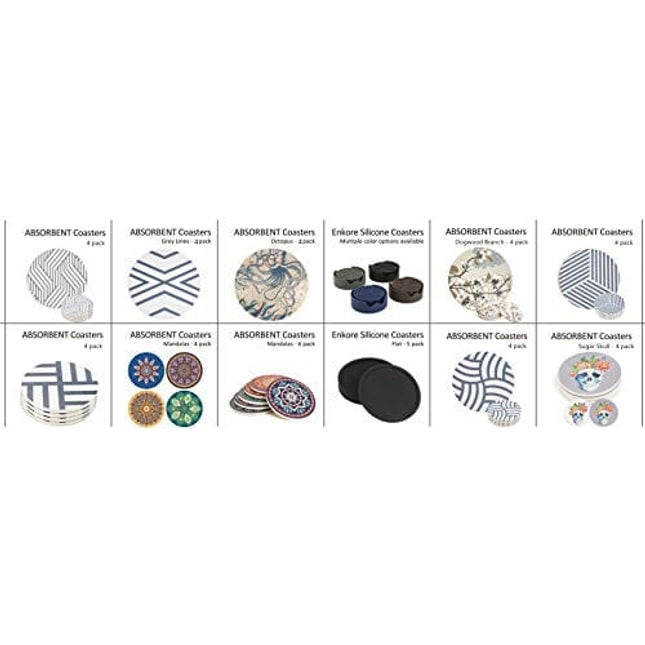 ENKORE Coasters For Drinks - Set of 6 with Holder, Black - Protect Furniture From Water Marks or Damage - Deep Tray and Rim Catch Cold Drink Sweat Without Spill, Large 4.3 Inch Size Fit All Cups