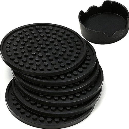 ENKORE Coasters For Drinks - Set of 6 with Holder, Black - Protect Furniture From Water Marks or Damage - Deep Tray and Rim Catch Cold Drink Sweat Without Spill, Large 4.3 Inch Size Fit All Cups