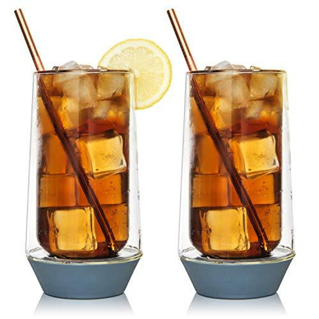13 oz Glass Highball Cups - Set of 2 - Clear Long High Glasses - Cocktail Drinkware Glassware - Modern Base Tumbler for Tea Water or Drinks by Eparé