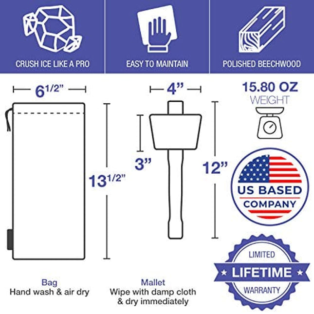 Lewis Bag & Ice Mallet - Manual Ice Crusher Wooden Hammer - Canvas Crushing Bag - Crushed Ice Bar Cocktails - Bartender & Kitchen Tools Kit by Eparé