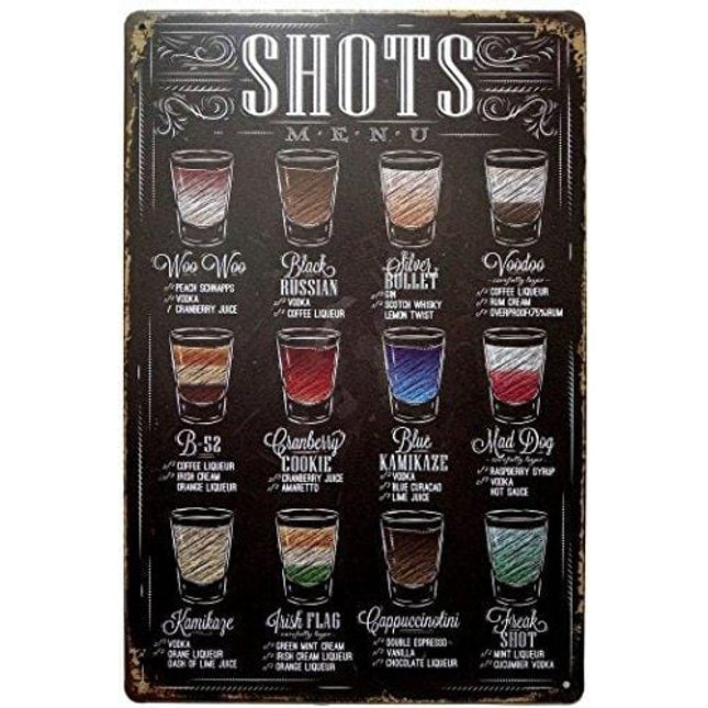 ERLOOD Shots Menu Retro Vintage Bar Metal Tin Sign Poster Ptyle Wall Art Pub Bar Decor 12 X 8