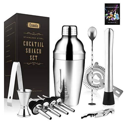 Esmula Cocktail Shaker Set 11 Piece, 18oz Stainless Steel Bartender Kit Professional Martini Mixing Bartending Kit Combination, Home Stylish Bar Tool Set with Cocktail Recipes Booklet