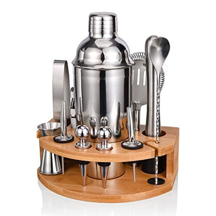 Esmula Bartender Kit with Stylish Bamboo Stand, 12 Piece Cocktail Shaker Set for Mixed Drink, Professional Stainless Steel Bar Tool Set - Cocktail Recipes Booklet(25 oz)