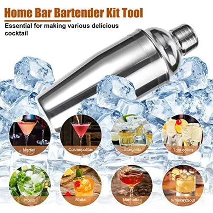 Esmula Bartender Kit with Stylish Bamboo Stand, 12 Piece Cocktail Shaker Set for Mixed Drink, Professional Stainless Steel Bar Tool Set - Cocktail Recipes Booklet(25 oz)