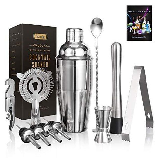 Esmula Cocktail Shaker Set 11 Piece, 25oz Stainless Steel Bartender Kit Professional Martini Mixing Bartending Kit Combination, Home Stylish Bar Tool Set with Cocktail Recipes Booklet
