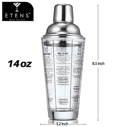 Etens Glass Cocktail Shaker, Martini Shaker 14oz with Recipes on Side | Clear Bar Shaker with Measurements | Built in Strainer with Seal | Crystal Drink Margarita Shakers Bartending