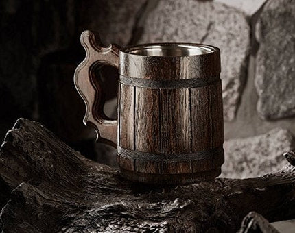 Handmade Wood Mug 20 oz Stainless Steel Cup Carved Natural Beer Stein Old-Fashioned Brown - Wood Carving Beer Mug of Wood Wooden Beer Tankard Capacity: 20oz (600ml) - Great Christmas Gift Idea