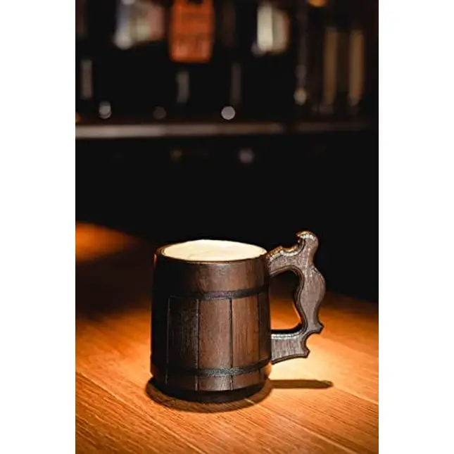 Handmade Wood Mug 20 oz Stainless Steel Cup Carved Natural Beer Stein Old-Fashioned Brown - Wood Carving Beer Mug of Wood Wooden Beer Tankard Capacity: 20oz (600ml) - Great Christmas Gift Idea