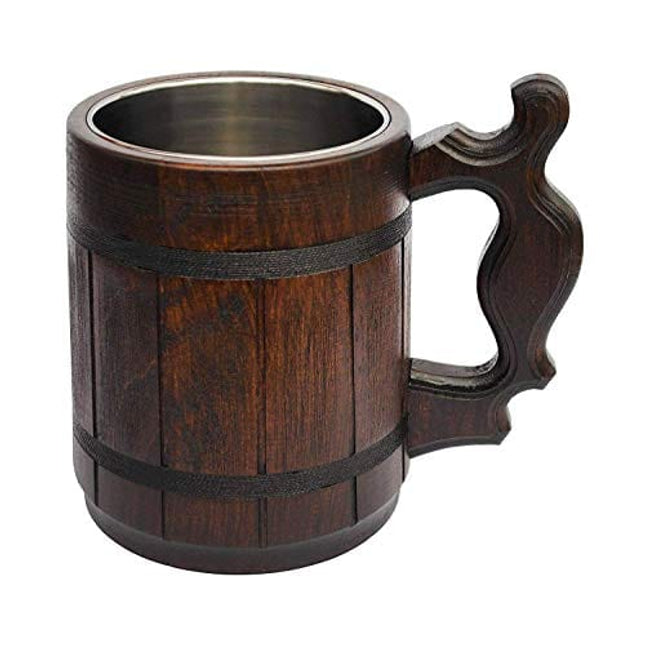 Handmade Wood Mug 20 oz Stainless Steel Cup Carved Natural Beer Stein Old-Fashioned Brown - Wood Carving Beer Mug of Wood Wooden Beer Tankard Capacity: 20oz (600ml) - Great Christmas Gift Idea