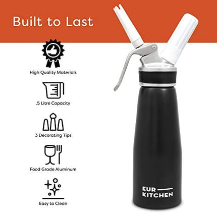EurKitchen Professional Aluminum Whipped Cream Dispenser - Leak-Free Whip Cream Maker Canister with 3 Decorating Nozzles & Cleaning Brush - 1-Pint / 500 mL Cream Whipper - N2O Chargers (Not Included)