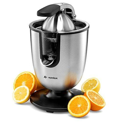Eurolux ELCJ-1700 Electric Citrus Juicer Squeezer, for Orange, Lemon, Grapefruit, Stainless Steel 160 Watts of Power Soft Grip Handle and Cone Lid for Easy Use