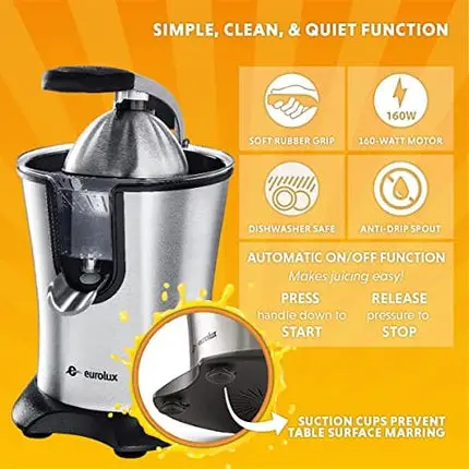Eurolux Electric Orange Juicer Squeezer Stainless Steel 160 Watts of Power Soft Grip Handle and Cone Lid for Easy Use
