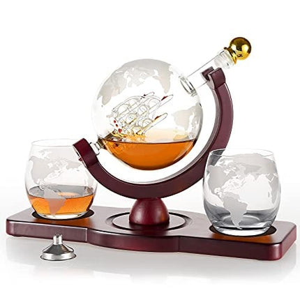 Gifts for Men, Whiskey Decanter Set with 2 Etched Globe Glasses, Unique Stocking Stuffers for Men Christmas Anniversary Birthday House Warming Gift for Him Dad Husband, Cool Man Cave Presents Bourbon