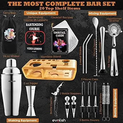 Cocktail Set Bartender Kit with Bartending Course: 20-Piece Home Bar Set Cocktail Shaker Set with Stand | Mixology Kit - Cocktail Mixer Set Ideal Bartending Kit Gift with Bar Tools Drink Making Kit