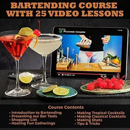 Cocktail Set Bartender Kit with Bartending Course: 20-Piece Home Bar Set Cocktail Shaker Set with Stand | Mixology Kit - Cocktail Mixer Set Ideal Bartending Kit Gift with Bar Tools Drink Making Kit