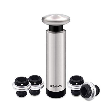 Wine Stoppers EZBASICS Wine Saver Pump with Wine Bottle Stoppers, Stainless Steel Pump + 4 Wine Stoppers