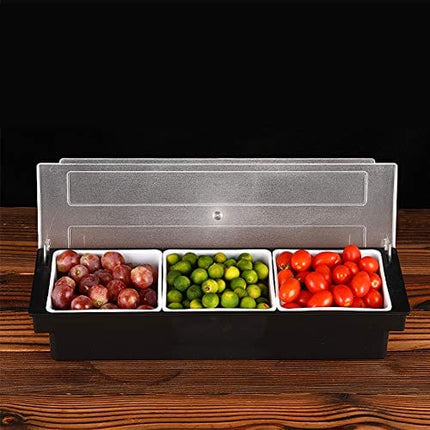 FEOOWV Fruit Veggie Condiment Caddy with Lid, 3 Compartment Plastic Dispenser Tray for Catering Dips Toppings, Serving Taco, Ice Cream, Fruit, & Salad Bar Garnish Organizer for Restaurant Supplies