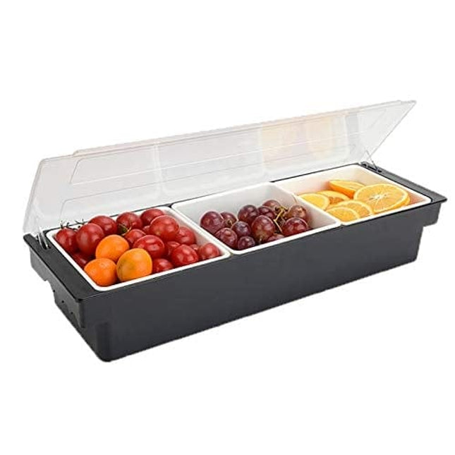 FEOOWV Fruit Veggie Condiment Caddy with Lid, 3 Compartment Plastic Dispenser Tray for Catering Dips Toppings, Serving Taco, Ice Cream, Fruit, & Salad Bar Garnish Organizer for Restaurant Supplies