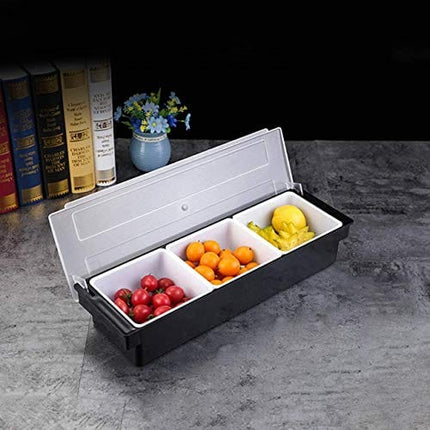 FEOOWV Fruit Veggie Condiment Caddy with Lid, 3 Compartment Plastic Dispenser Tray for Catering Dips Toppings, Serving Taco, Ice Cream, Fruit, & Salad Bar Garnish Organizer for Restaurant Supplies