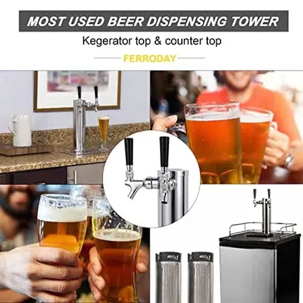 M5- FERRODAY Dual Faucet Draft Beer Tower Double Faucet Tap Beer Tower Dispenser Double Beer Tap Stainless Steel Tower Brass Faucet Stainless Core Pre-assembled Lines for Homebrew - 3" Kegerator Tower