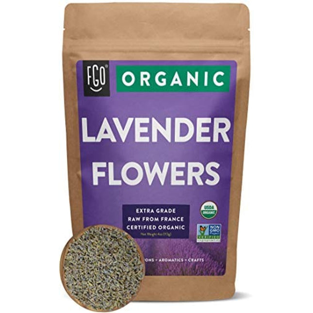 Organic Lavender Flowers Dried | Perfect for Tea, Baking, Lemonade, DIY Beauty, Sachets & Fresh Fragrance | 100% Raw From France | Large 4oz Resealable Kraft Bag | by FGO