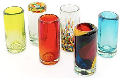 Advanced Mixology Mexican Tequila Shot Glasses - Set of 6 Large Shot Glasses Pretty Novelty Design Multicolor Recycled Glassware Set Unique Artisan Crafted Dishwasher Safe Hand Blown 2 oz