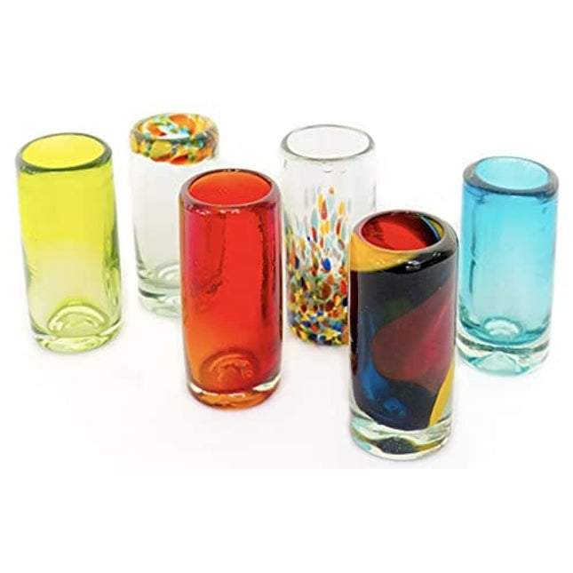Advanced Mixology Mexican Tequila Shot Glasses - Set of 6 Large Shot Glasses Pretty Novelty Design Multicolor Recycled Glassware Set Unique Artisan Crafted Dishwasher Safe Hand Blown 2 oz