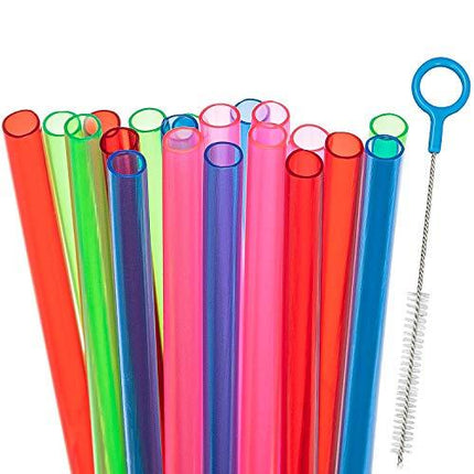 Fiesta First 20 Short Reusable Plastic Straws Medium Width + Sturdy Cleaning Brush - For Cocktails, Small Glasses or Cups, and Kids Drinks and Smoothies - Assorted Colors Value Pack - BPA PFOA Free