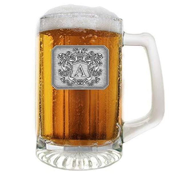 Glass Beer Mug Stein Hand Crafted Monogram Initial Pewter Engraved Large Crest with Letter A by Fine Occasion (A, 25 oz)