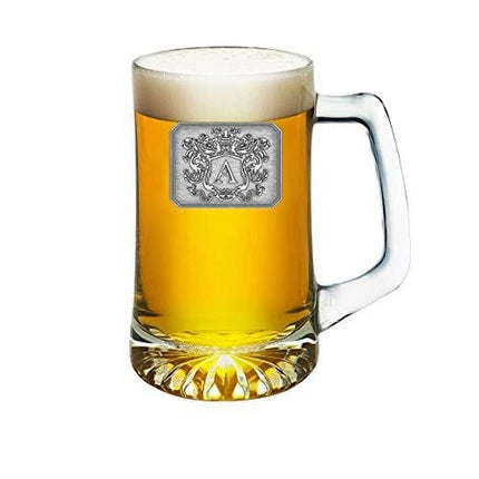 Glass Beer Mug Stein Hand Crafted Monogram Initial Pewter Engraved Large Crest with Letter A by Fine Occasion (A, 25 oz)