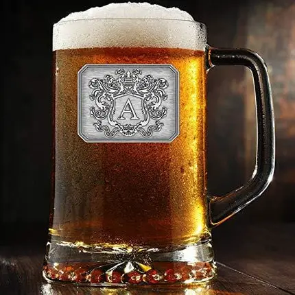 Glass Beer Mug Stein Hand Crafted Monogram Initial Pewter Engraved Large Crest with Letter A by Fine Occasion (A, 25 oz)