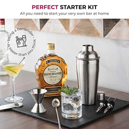 7 Piece Cocktail Shaker Bar Tools Set Brushed Stainless Steel Bartender Kit, with All Bar Accessories, Cocktail Strainer, Double Jigger, Bar Spoon, Bottle Opener, Pour Spouts