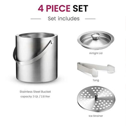 Double-Wall Stainless Steel Insulated Ice Bucket With Lid and Ice Tong [3 Liter] Included Strainer Keeps Ice Cold & Dry, comfortable Carry Handle, Great for Home Bar, Chilling Beer, Champagne and wine