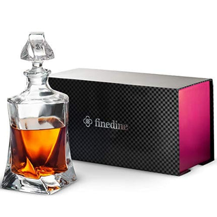FineDine European Style Glass Whiskey Decanter & Liquor Decanter with Glass Stopper, 28 Oz.- With Magnetic Gift Box - Aristocratic Exquisite Quadro Design - Glass Decanter for Alcohol Bourbon Scotch.