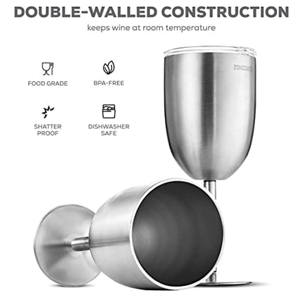 FineDine Premium Grade 18/8 Stainless Steel Wineglasses 12 Oz. Double-Walled Insulated Unbreakable Goblets (Set of 2) Stemmed Wineglass BPA-Free Leak-Resistant Lid for Red White Wine, Brushed Metal