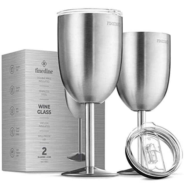 FineDine Premium Grade 18/8 Stainless Steel Wineglasses 12 Oz. Double-Walled Insulated Unbreakable Goblets (Set of 2) Stemmed Wineglass BPA-Free Leak-Resistant Lid for Red White Wine, Brushed Metal