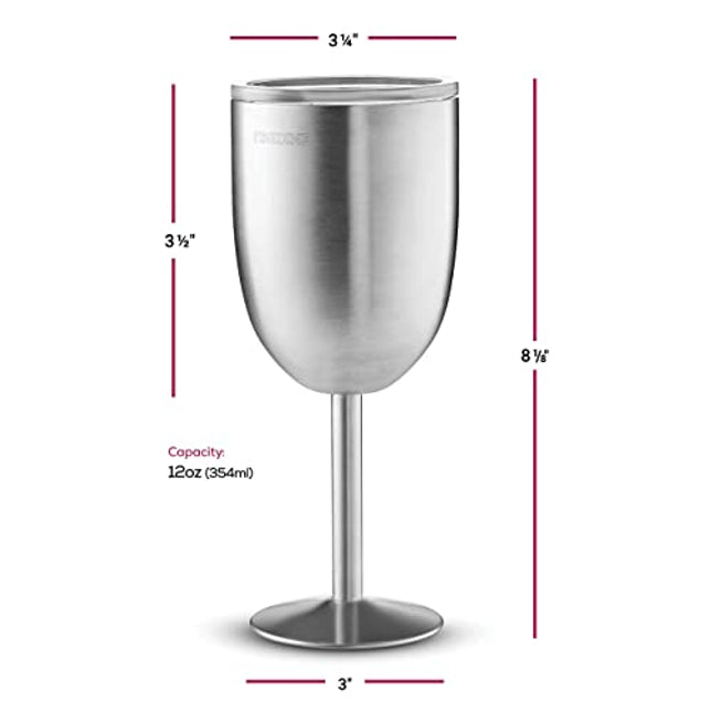 FineDine Premium Grade 18/8 Stainless Steel Wineglasses 12 Oz. Double-Walled Insulated Unbreakable Goblets (Set of 2) Stemmed Wineglass BPA-Free Leak-Resistant Lid for Red White Wine, Brushed Metal