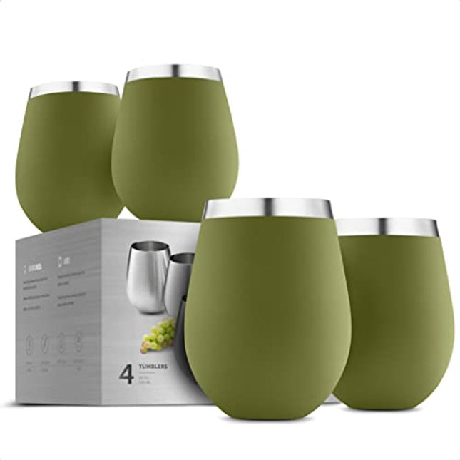 Stainless Steel Unbreakable Wine Glasses - 18 Ounce Set of 4 Wine glasses. Premium Grade 18/8 Stainless Steel Red & White Stemless Wine Glasses set, (Army Green)