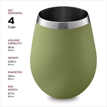 Stainless Steel Unbreakable Wine Glasses - 18 Ounce Set of 4 Wine glasses. Premium Grade 18/8 Stainless Steel Red & White Stemless Wine Glasses set, (Army Green)