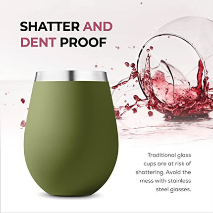 Stainless Steel Unbreakable Wine Glasses - 18 Ounce Set of 4 Wine glasses. Premium Grade 18/8 Stainless Steel Red & White Stemless Wine Glasses set, (Army Green)